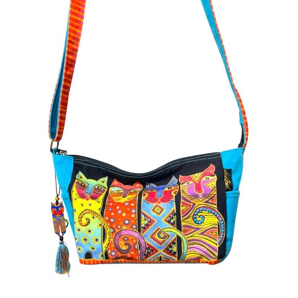 Laurel Burch Vibrant Cats Crossbody Bag Tassel Charm Beaded Sequins Art to Wear - Picture 3 of 10